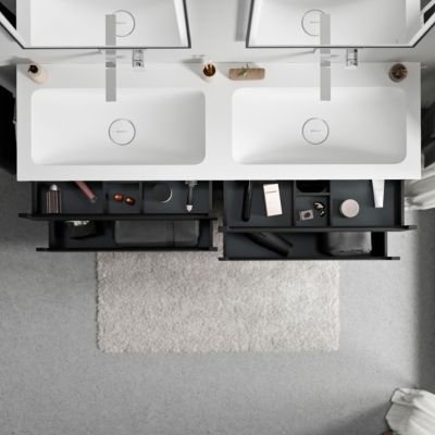 Meuble double vasque suspendu MDF Noir mat, lavabos fonte Blanc mat sans trou robinet, tiroirs pivotants - 160x46x62cm - VIREO