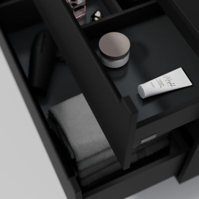 Meuble double vasque suspendu MDF Noir mat, lavabos fonte Blanc mat sans trou robinet, tiroirs pivotants - 160x46x62cm - VIREO