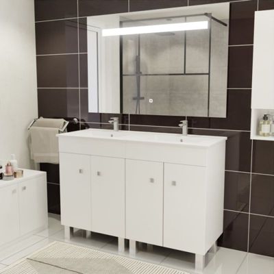 Meuble ECOLINE 120 cm avec plan vasque et miroir Elégance ht80- Blanc brillant