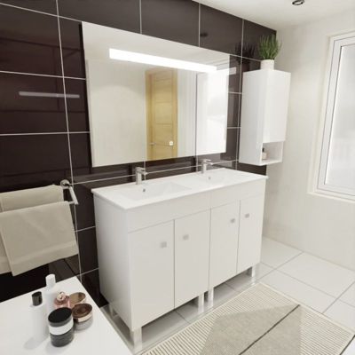 Meuble ECOLINE 120 cm avec plan vasque et miroir Elégance ht80- Blanc brillant