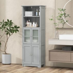 Meuble Haut de Salle de Bain Rangement 6 Niveaux avec 2 Etageres Ouvertes&2 Compartiments Porte en Verre Transparent Gris