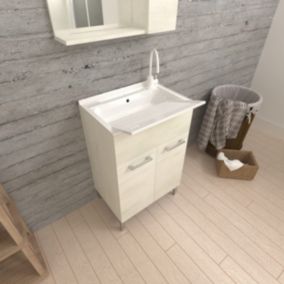 Meuble Lavabo 60Cm Chêne Blanc Effet Bois Avec Planche À Laver - Pratico