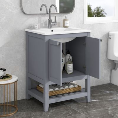 Meuble Lavabo avec Vasque Céramique - Meuble Sous-Vasque Moderne avec Espace de Rangement, Bois de Pin et MDF, 61x46x90 cm - Gris