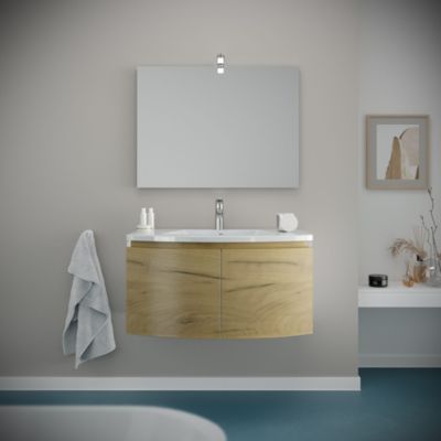 Meuble Lavabo Salle De Bain Courbé 80 Cm Coque Blanche Portes Chêne Miel - Garda