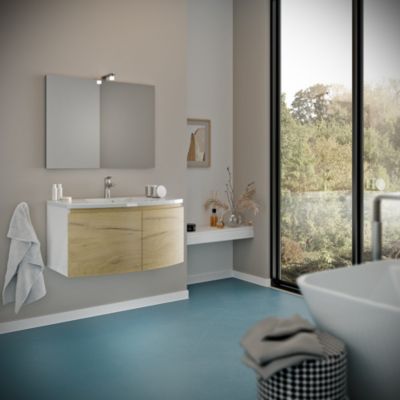 Meuble Lavabo Salle De Bain Courbé 80 Cm Coque Blanche Portes Chêne Miel - Garda