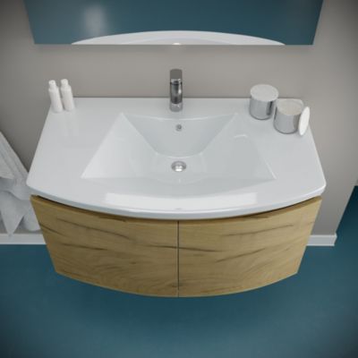 Meuble Lavabo Salle De Bain Courbé 80 Cm Coque Blanche Portes Chêne Miel - Garda