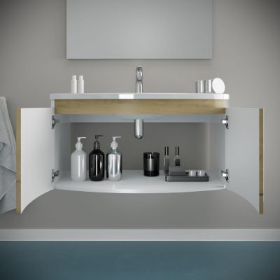 Meuble Lavabo Salle De Bain Courbé 80 Cm Coque Blanche Portes Chêne Miel - Garda