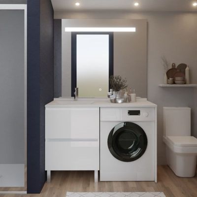 Meuble lave-linge IDEA, plan vasque déportée + Miroir Elégance h105- Blanc- Vasque à gauche