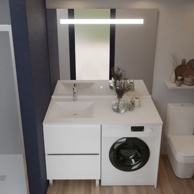 Meuble lave-linge IDEA, plan vasque déportée + Miroir Elégance h105- Blanc- Vasque à gauche