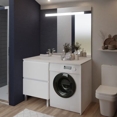 Meuble lave-linge IDEA, plan vasque déportée + Miroir Elégance h105- Blanc- Vasque à gauche
