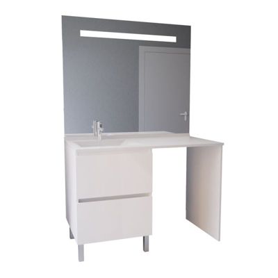 Meuble lave-linge IDEA, plan vasque déportée + Miroir Elégance h105- Blanc- Vasque à gauche