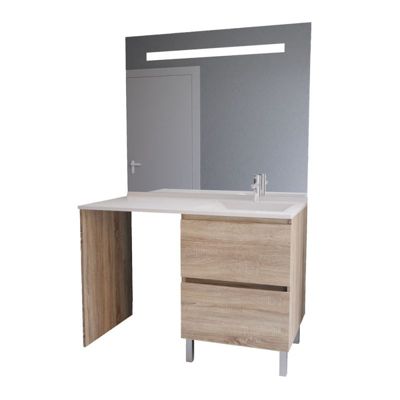 Meuble lave-linge IDEA, plan vasque déportée + Miroir Elégance h105- Bois- Vasque à droite
