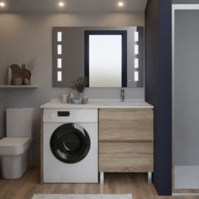 Meuble lave-linge IDEA, plan vasque déportée + Miroir Prestige- Bois- Vasque à droite