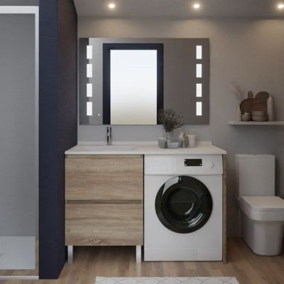 Meuble lave-linge IDEA, plan vasque déportée + Miroir Prestige- Bois- Vasque à gauche