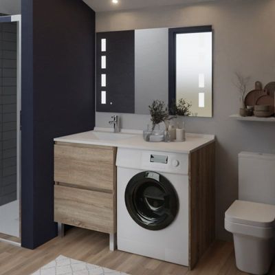 Meuble lave-linge IDEA, plan vasque déportée + Miroir Prestige- Bois- Vasque à gauche