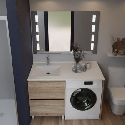 Meuble lave-linge IDEA, plan vasque déportée + Miroir Prestige- Bois- Vasque à gauche