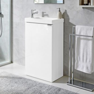 Meuble lave mains à poser blanc brillant l.44 cm Imandra + plan vasque blanc résine Beni, GoodHome