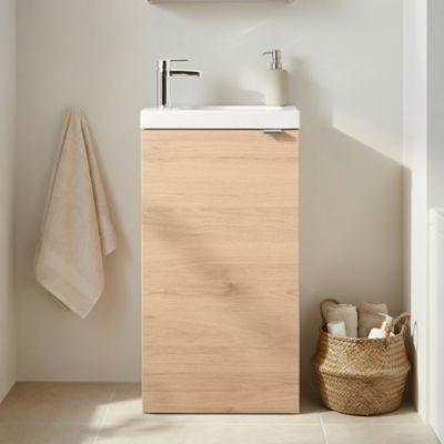 Meuble lave mains à poser effet chêne l.44 cm Imandra + plan vasque blanc résine Beni, GoodHome