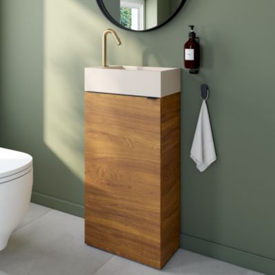 Meuble lave-mains à poser effet noyer l.44 cm Imandra + plan vasque béton moucheté, GoodHome