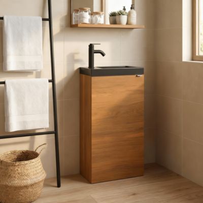 Meuble lave-mains à poser lave-mains effet noyer l.44 cm Imandra + plan vasque noir céramique Nira, GoodHome