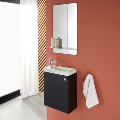Meuble lave-mains AVA noir carbone + miroir tablette blanche