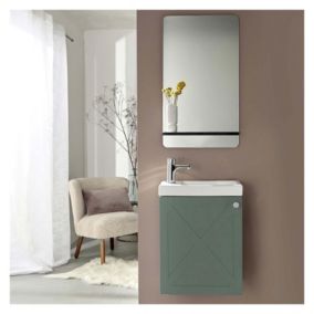 Meuble lave-mains AVA vert de gris + miroir tablette blanche + rob chromé