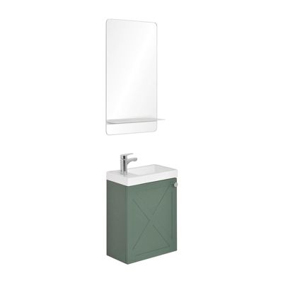 Meuble lave-mains AVA vert de gris + miroir tablette blanche