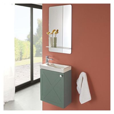 Meuble lave-mains AVA vert de gris + miroir tablette blanche