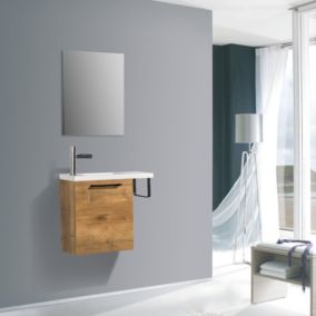 Meuble lave-mains avec porte serviette intégré TABLO 400 dans différentes couleurs, Avec miroir 2137, Aspect chêne