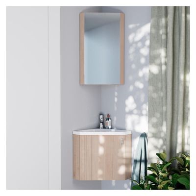 Meuble lave-mains d'angle décor chêne KODA + robinet + armoire miroir