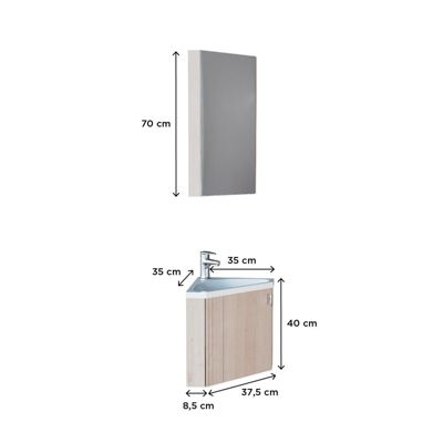 Meuble lave-mains d'angle décor chêne KODA + robinet + armoire miroir