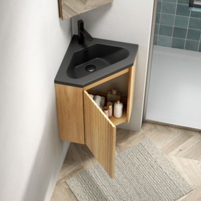 Meuble lave-mains d angle mural en résine noire et bois naturel avec porte