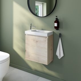 Meuble lave mains effet chêne artisan l.45 cm Calao + plan vasque lave mains blanc en céramique Nira