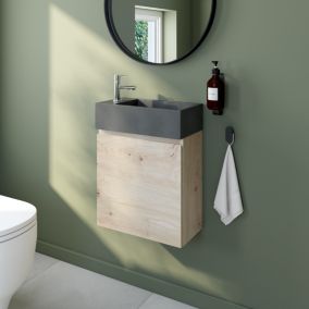 Meuble lave mains effet chêne artisan l.45 cm + plan vasque lave mains béton gris, Calao
