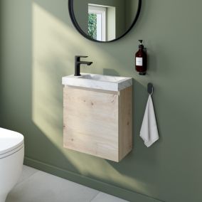Meuble lave mains effet chêne artisan l.45 cm + plan vasque lave mains effet marbre blanc, Calao