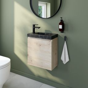 Meuble lave mains effet chêne artisan l.45 cm + plan vasque lave mains effet marbre noir, Calao