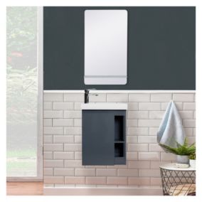 Meuble lave-mains HAMPTON Gris avec vasque blanche + miroir