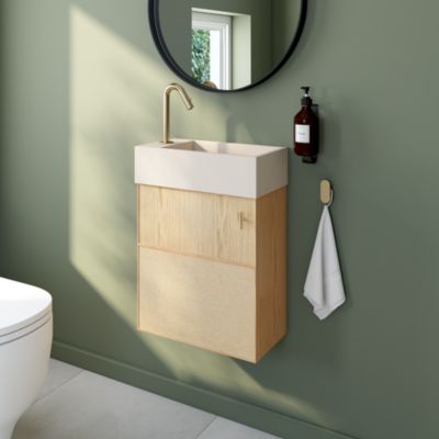 Meuble lave-mains Java effet chêne clair et jute l.44 cm + plan vasque lave-mains béton moucheté Homesight