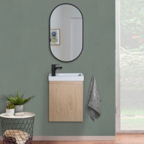 Meuble lave-mains LISA décor chêne + robinet noir + miroir ovale