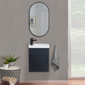 Meuble lave-mains LISA gris anthracite + robinet noir + miroir ovale