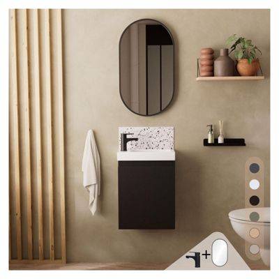 Meuble lave-mains LISA + robinet noir + miroir ovale
