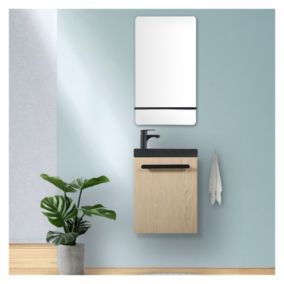 Meuble lave-mains NEVADA Décor chêne vasque noire + robinet noir + miroir