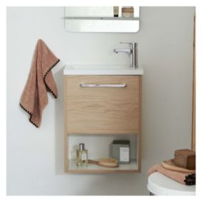 Meuble lave-mains NIKA Décor chêne intérieur blanc + robinet chromé