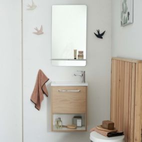 Meuble lave-mains NIKA Décor chêne intérieur blanc + robinet + miroir