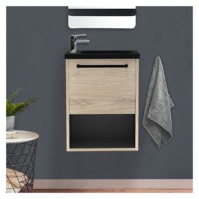 Meuble lave-mains NIKA Décor chêne intérieur noir + robinet chromé