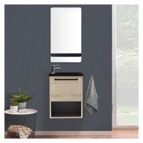 Meuble lave-mains NIKA Décor chêne intérieur noir + robinet + miroir