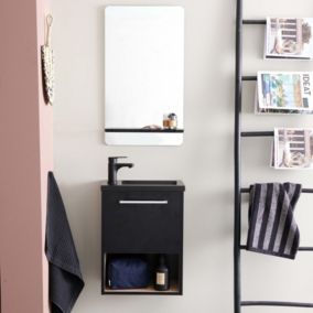 Meuble lave-mains NIKA Noir intérieur décor chêne + robinet noir + miroir