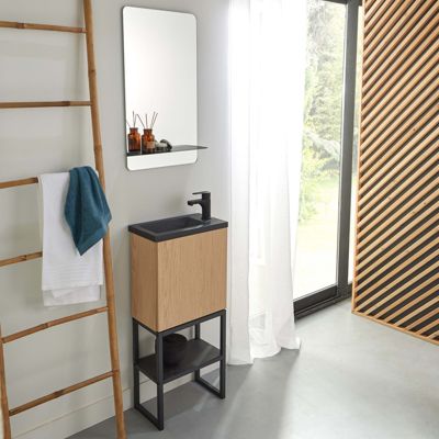 Meuble lave-mains NOVA décor chêne sur pieds avec robinet noir