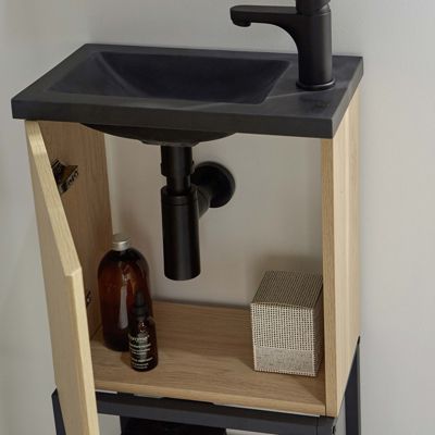 Meuble lave-mains NOVA décor chêne sur pieds avec robinet noir