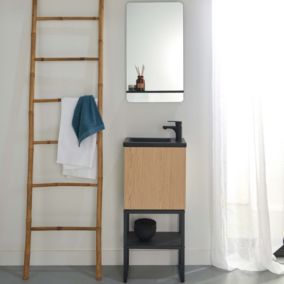 Meuble lave-mains NOVA décor chêne sur pieds + robinet noir + miroir